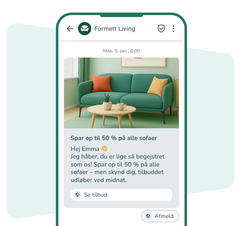 RCS marketingbesked på mobil med billede af sofa og kampagne om rabat på møbler.