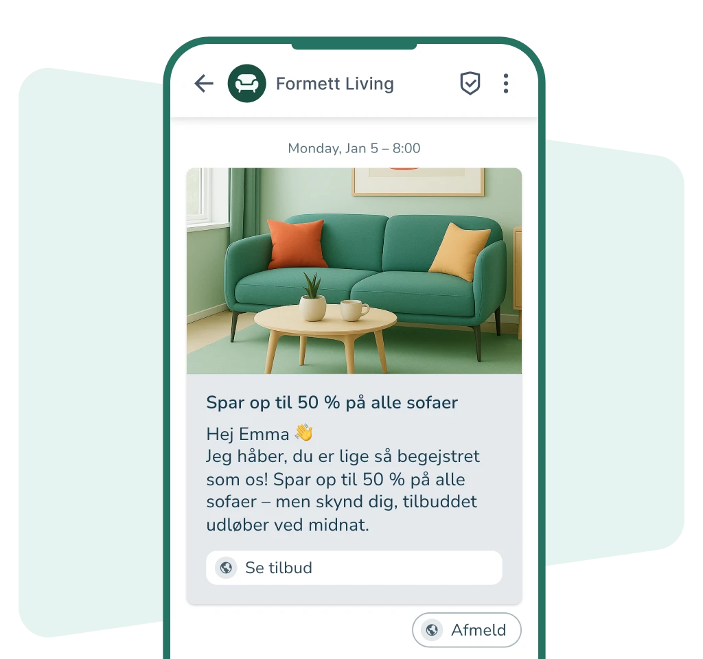 RCS marketingbesked på mobil med billede af sofa og kampagne om rabat på møbler.