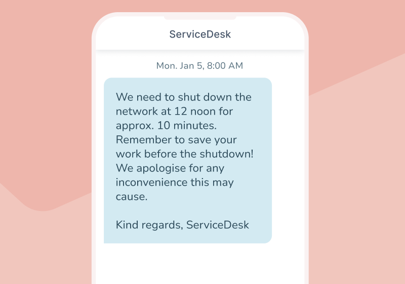 Mobile SMS service notification about a temporary network interruption.