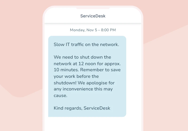 SMS-servicemelding på mobil om midlertidig nettverksavbrudd.
