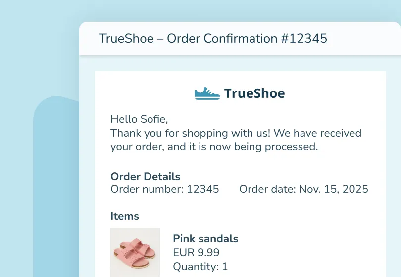 Email order confirmation from TrueShoe showing order details and pink sandals.