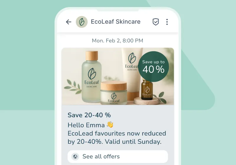 Mobile RCS campaign message featuring EcoLeaf skincare products and a discount offer.