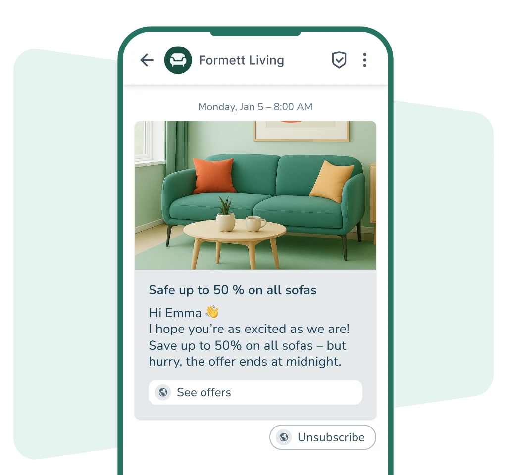 Markedsføringsmelding på mobil med bilde av sofa og møbelkampanje.