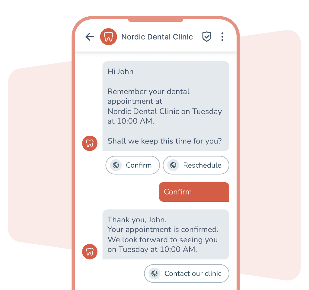 Interactive message on mobile confirming a dental appointment with reply options.