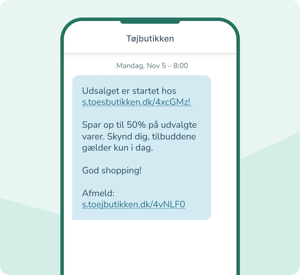 Marketing-SMS på mobil med udsalg og rabat i tøjbutik.