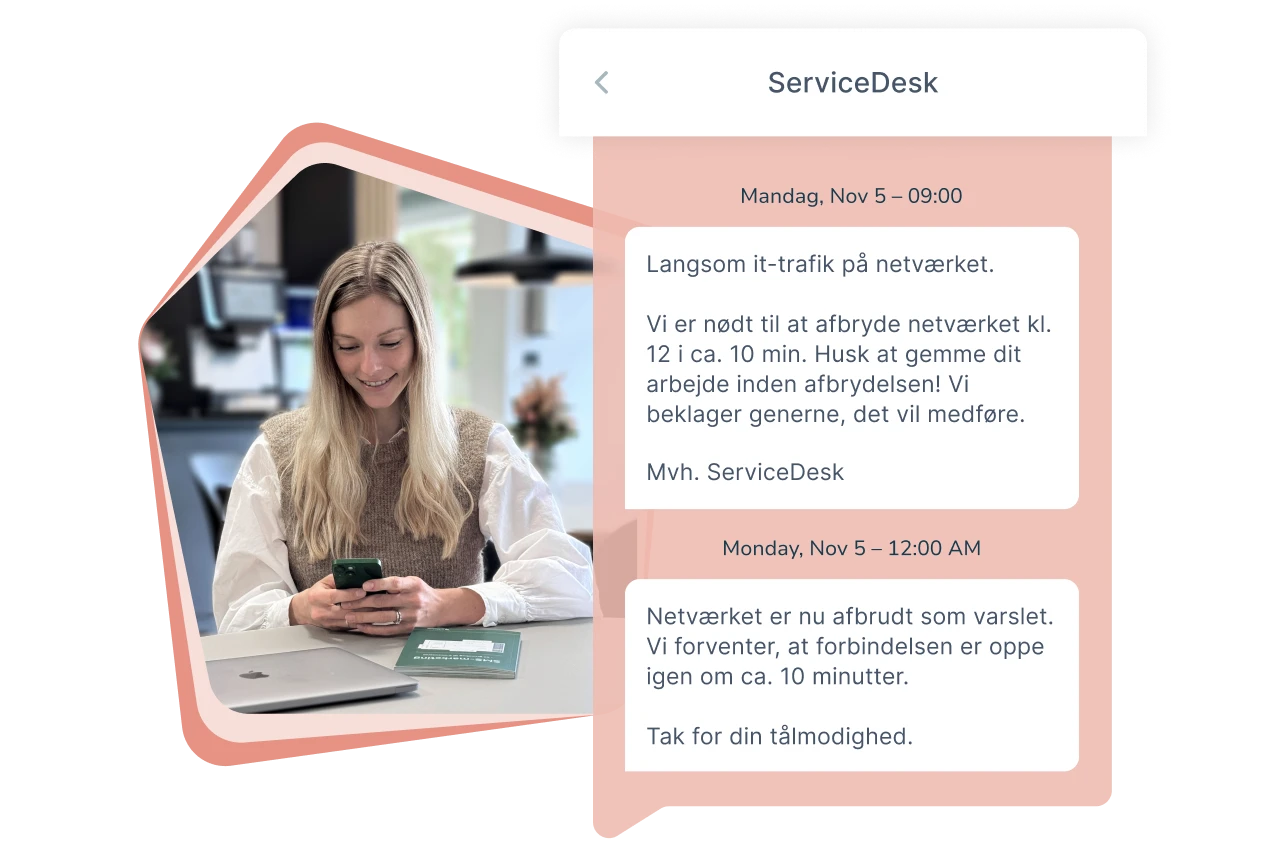Servicebeskeder på mobil om planlagt netværksafbrydelse og statusopdatering.