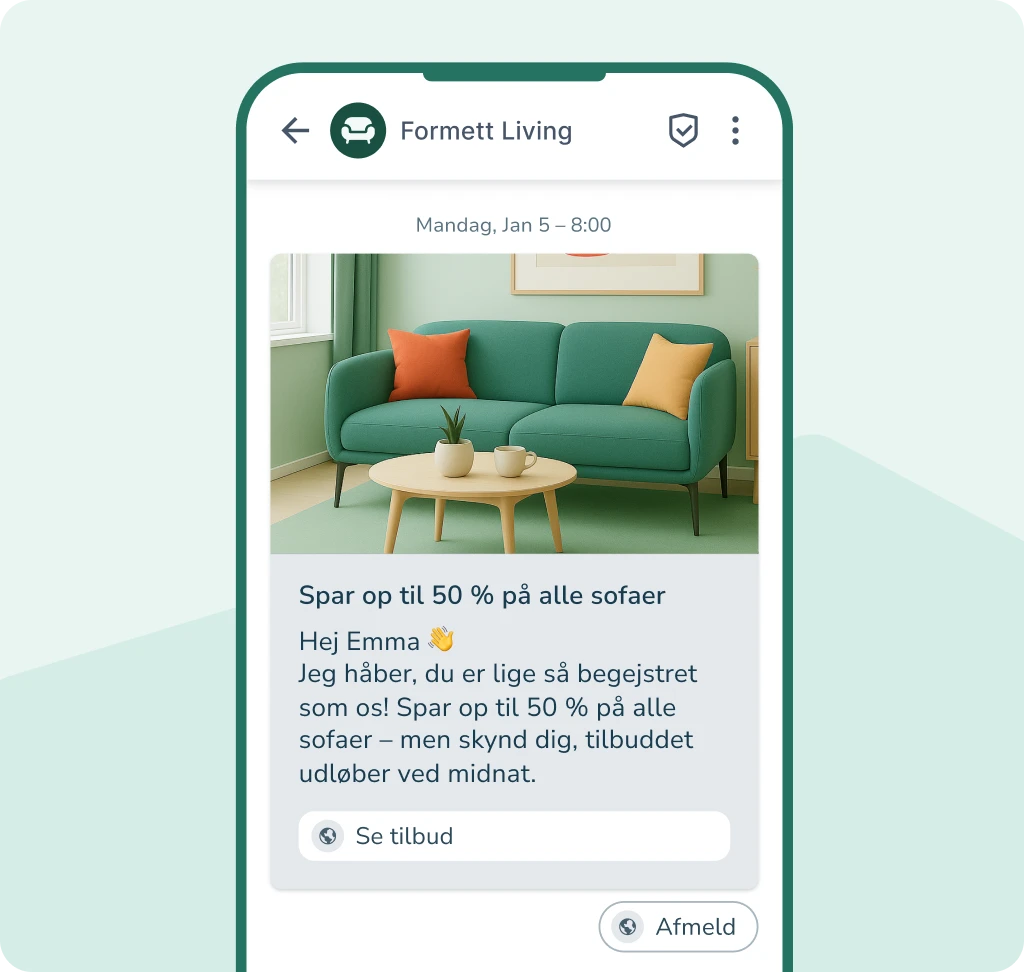 RCS-marketingbesked på mobil med sofa og kampagne om rabat på møbler.