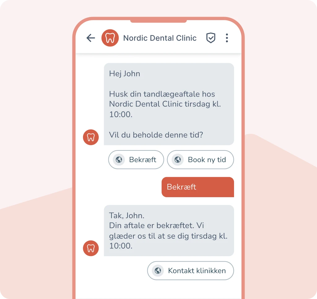 RCS-servicebesked på mobil med bekræftelse af tandlægetid og svarmuligheder.