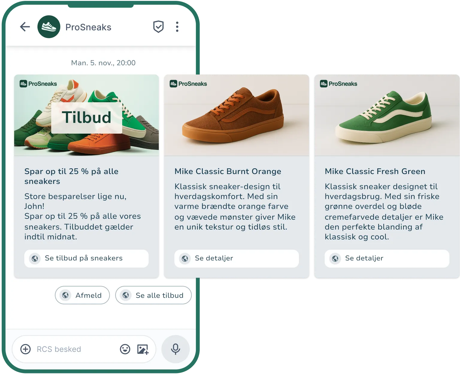 RCS-marketingbesked på mobil med sneakers i produkt-carousel og tilbud.