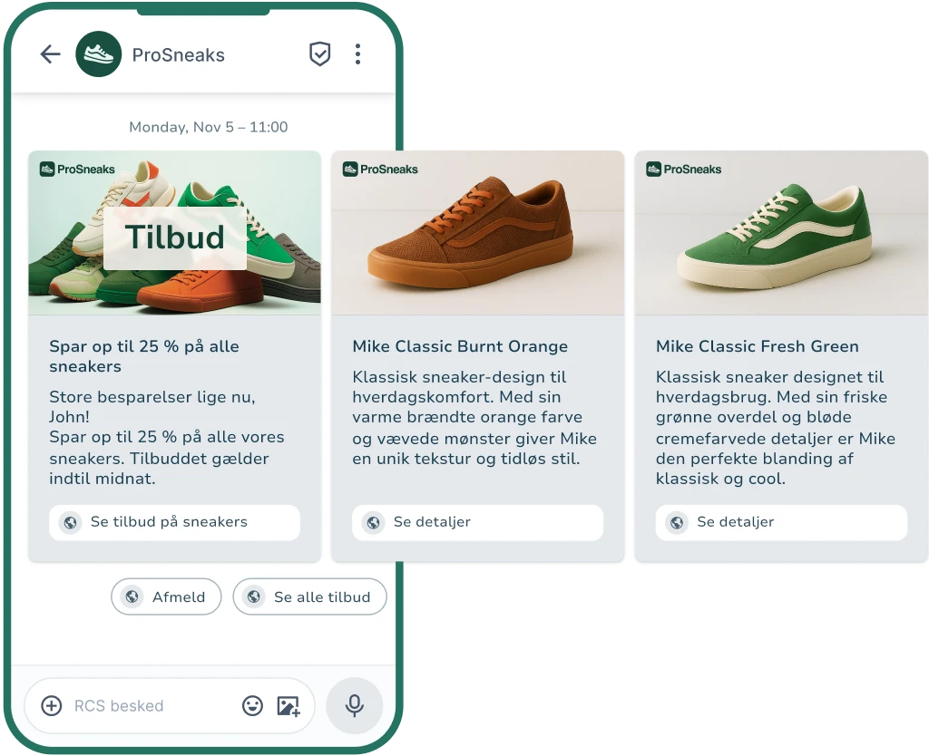 RCS-marketingbesked på mobil med sneakers i produkt-carousel og tilbud.