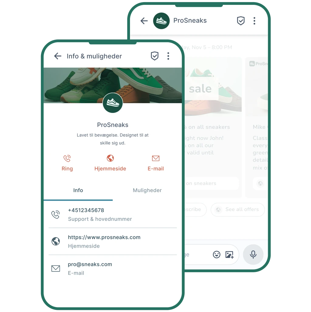 RCS-agentvisning på mobil med virksomhedsprofil og kontaktmuligheder.