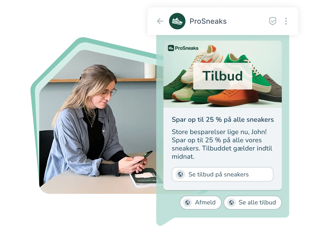 RCS-marketingbesked på mobil med sneakers og tidsbegrænset rabat.