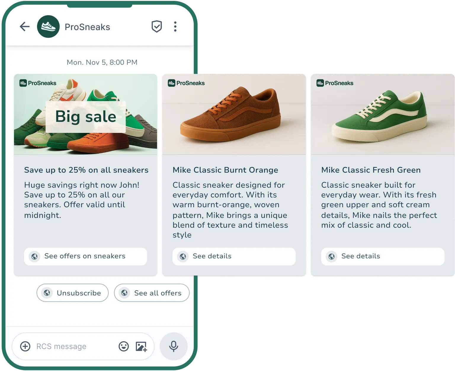 RCS-markedsføringsmelding på mobil med sneakers i produktkarusell og tilbud.