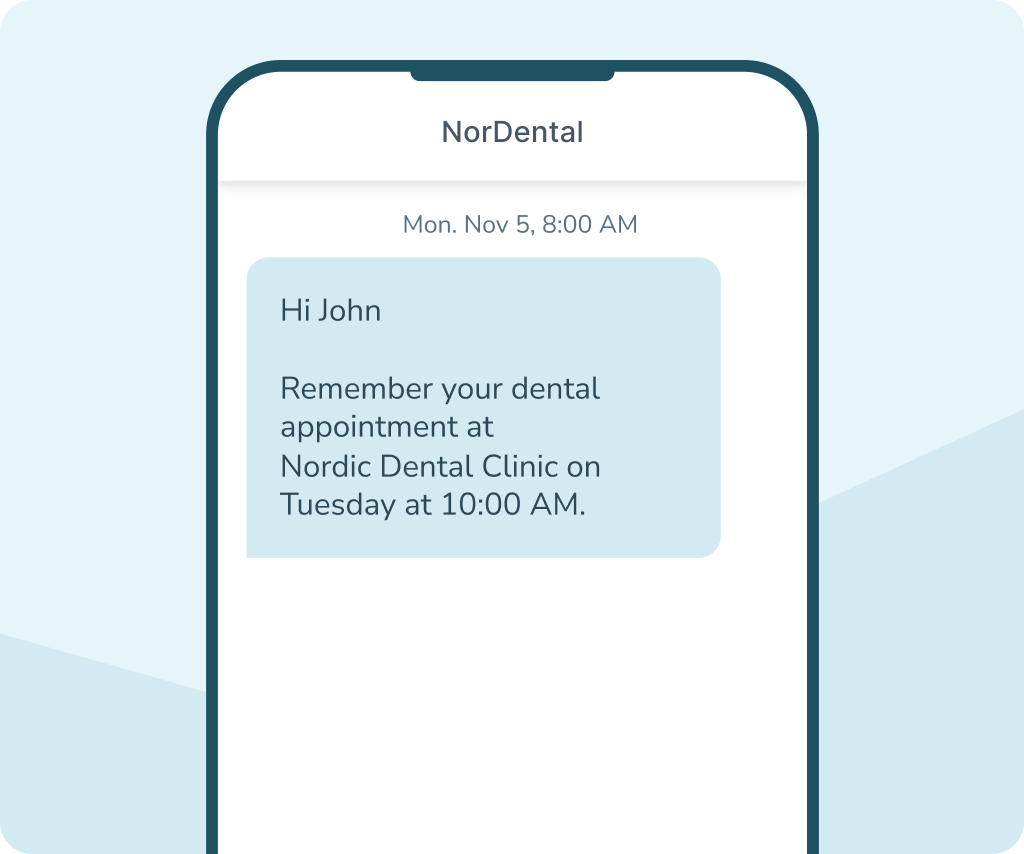 SMS message from nordental to john reminding him of a dental appointment at nordic dental clinic on tuesday at 10:00