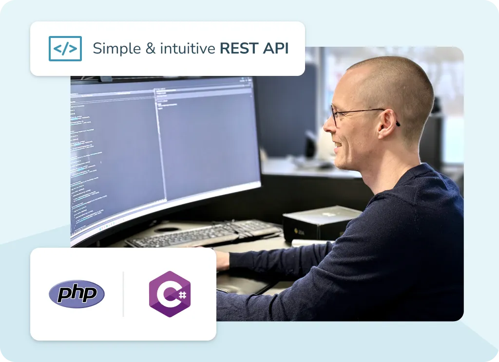 Man with glasses coding at a computer screen, with the text simple and intuitive rest api and php and c sharp logos