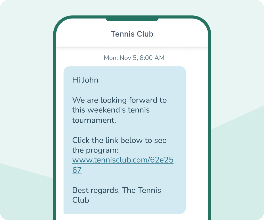 SMS message from a tennis club with information about the weekend tournament and a link to the schedule