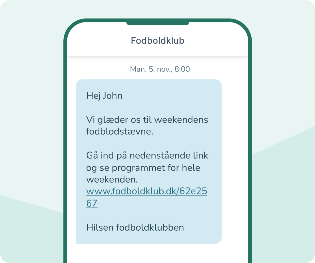 SMS-besked fra Fodboldklub med information om weekendens fodboldstævne og link til programmet.