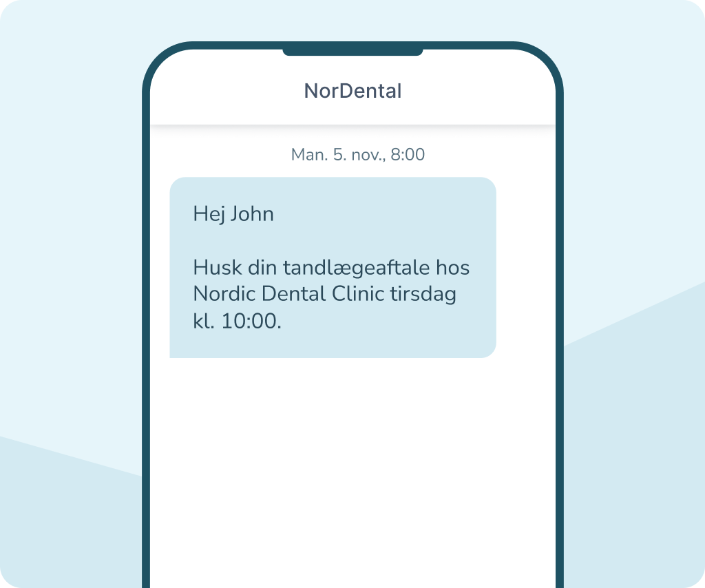 SMS-besked fra NorDental til John, der minder om en tandlægeaftale hos Nordic Dental Clinic tirsdag kl. 10:00.