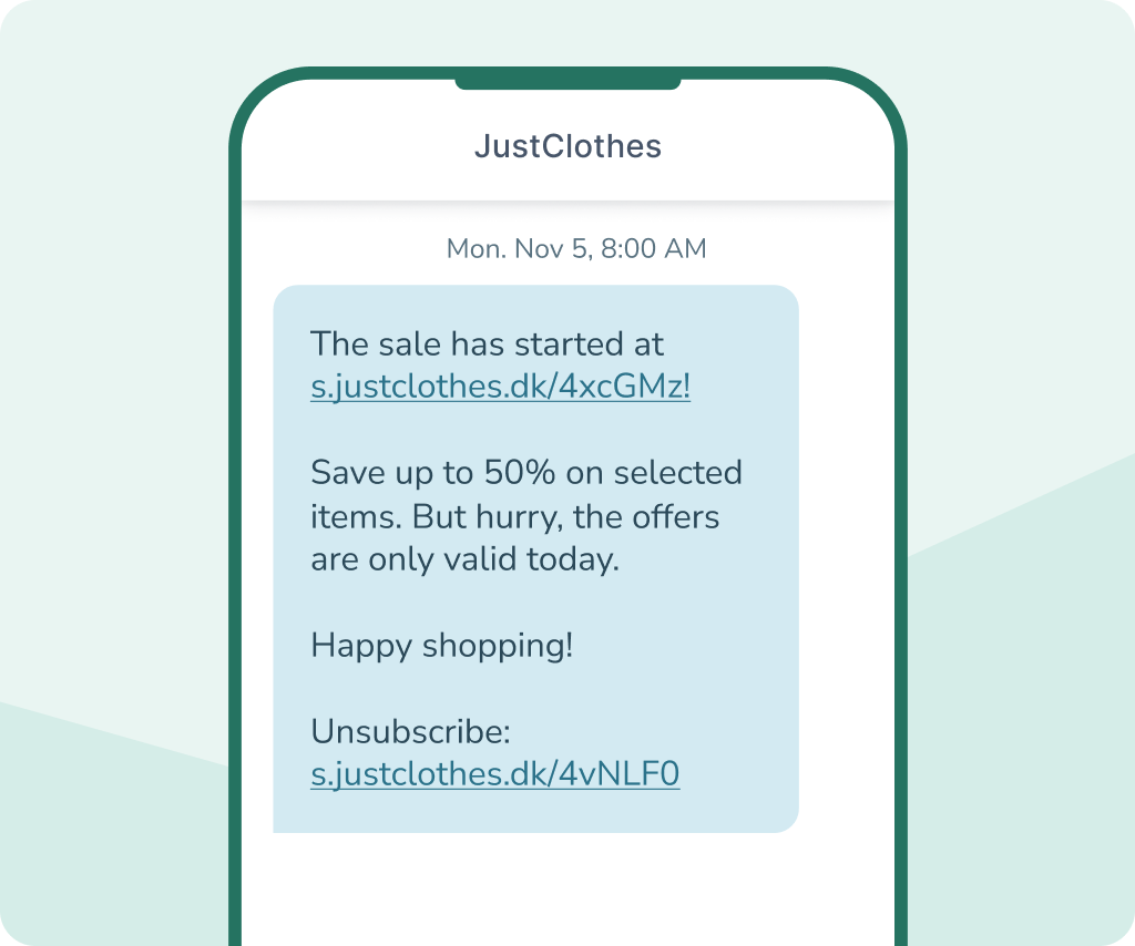 SMS message from a clothing store offering up to 50 percent discount on selected items with links to the sale and unsubscribe