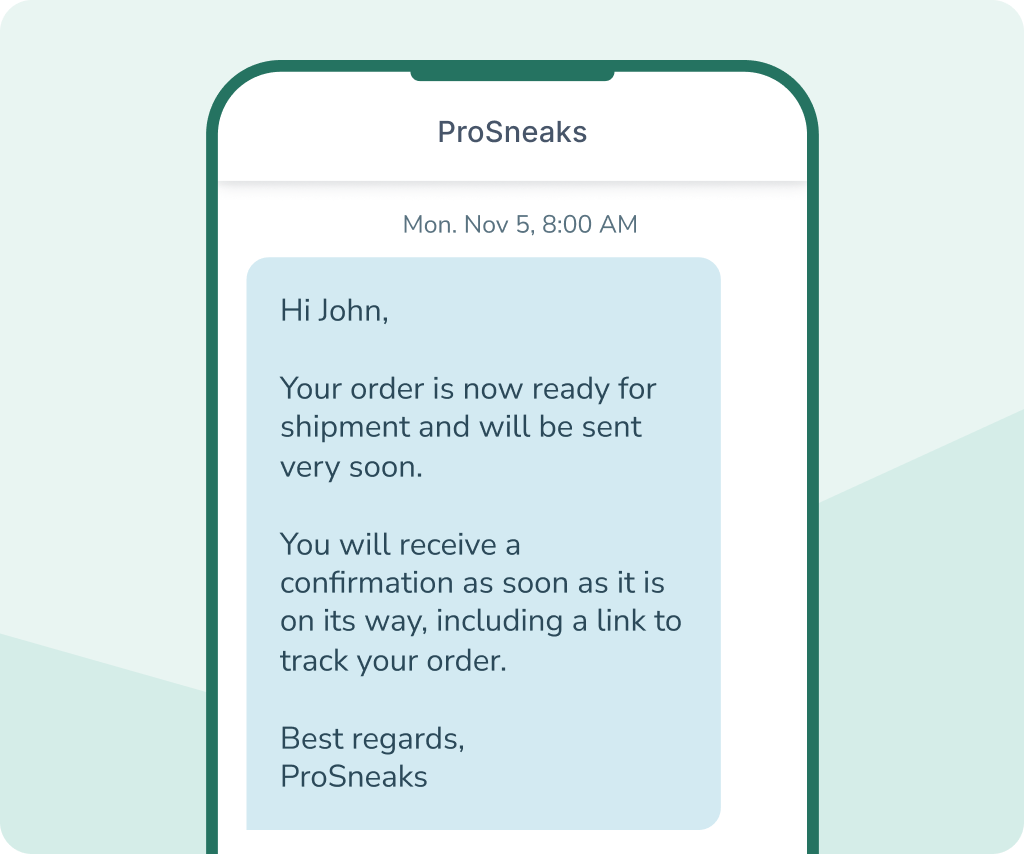 Textmeddelande från ProsNeaks till John om att hans beställning är redo att skickas och kommer att skickas snart med en bekräftelse och spårningslänk.