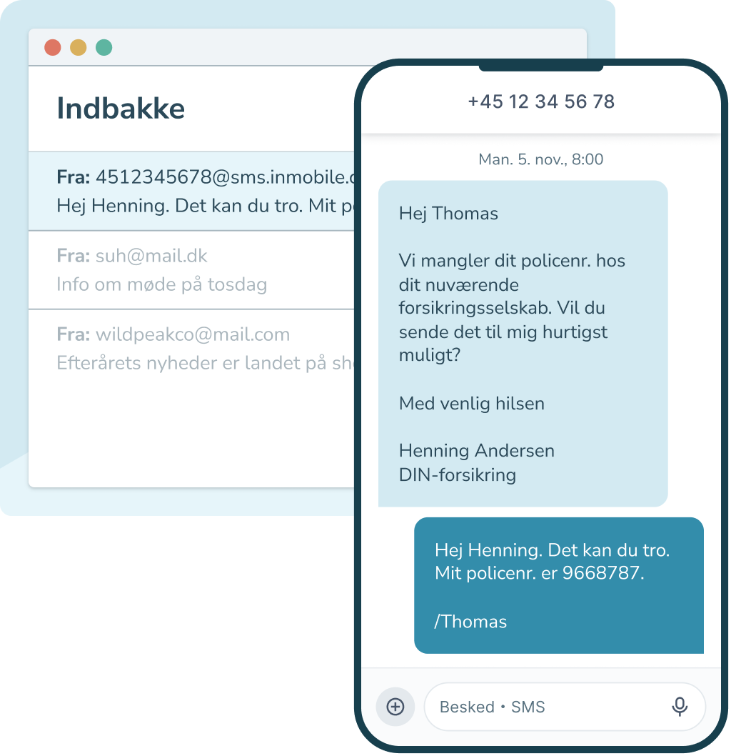 Skærmbilleder af en e-mailindbakke og en mobil SMS-samtale om udveksling af forsikringspolicenummer mellem Henning og Thomas.