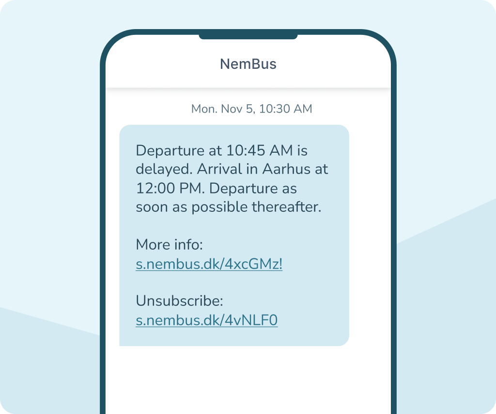 Mobil som visar ett SMS från NemBus om försenad avgång kl. 10:45 och ankomst i Aarhus kl. 12:00, samt länkar till mer information och avregistrering