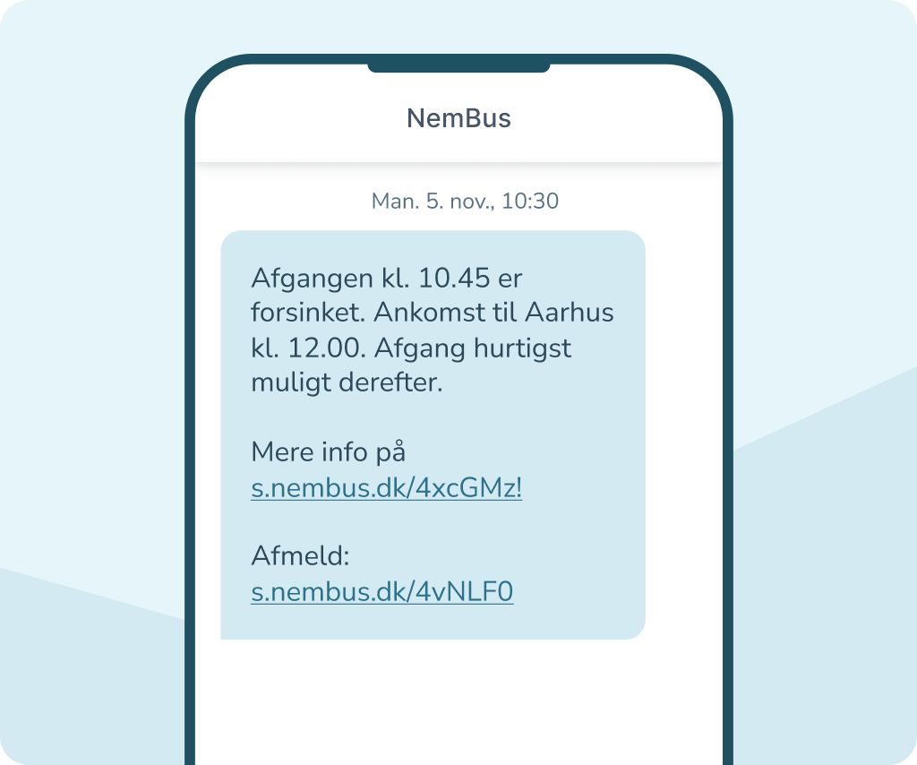 Mobil med en SMS fra NemBus, der giver besked om forsinkelse af afgange og ankomsttidspunkt til Aarhus, samt links til mere info og afmelding.
