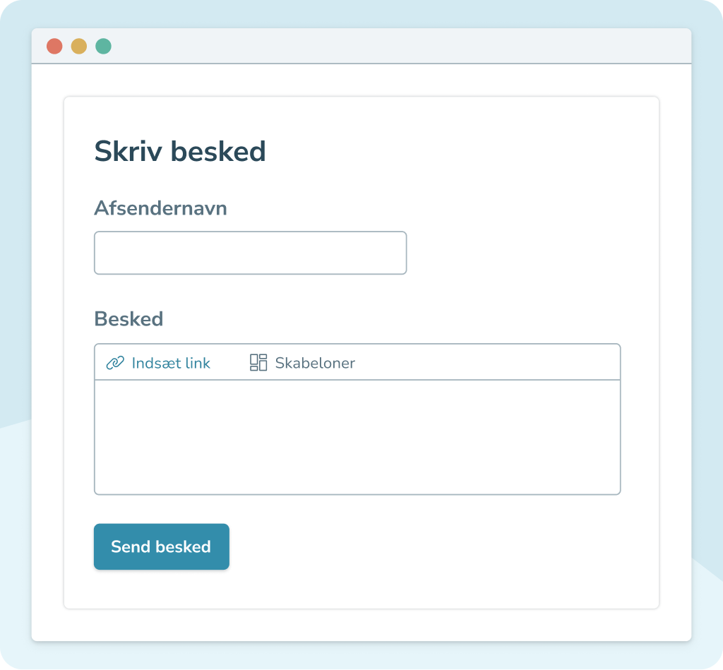 Ui hvor du kan sende en SMS-besked med felter til afsendernavn og besked samt knap til at sende beskeden.