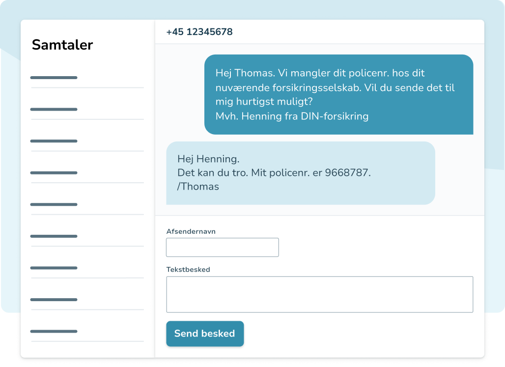 Chatvindue i inMobiles interface med samtale mellem Henning fra DIN-forsikring og Thomas om Thomas' policenummer.