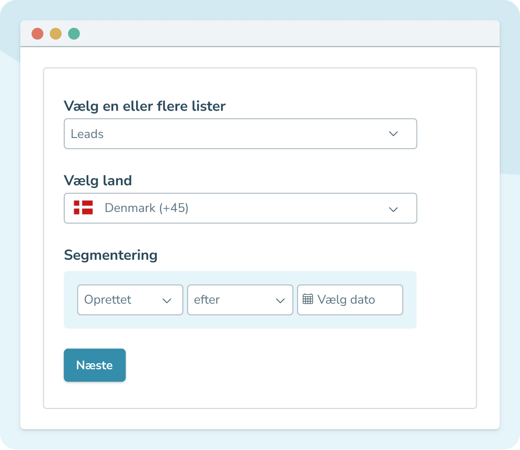 Brugergrænseflade af inMobiles system med dropdown-menuer for valg af lister, land, plus segmenteringsvalg med dato.
