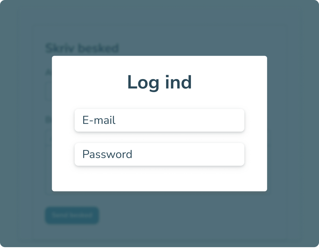 Log ind vindue med felter til e-mail og adgangskode.