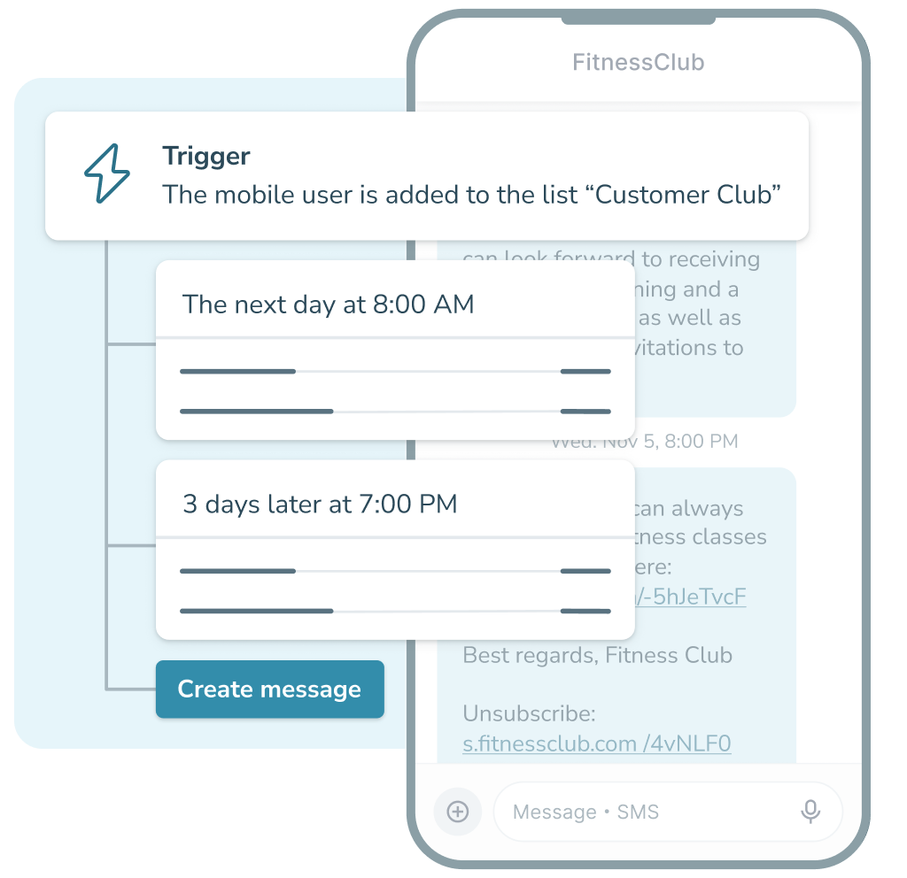 Automation flow interface showing a trigger where a mobile user is added to the “Customer Club” list, followed by scheduled messages sent the next day at 8:00 AM and 3 days later at 7:00 PM.