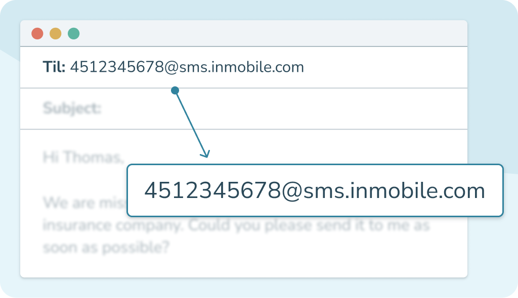 E-postgränssnitt som visar en mottagaradress formaterad som ett mobilnummer (4512345678@sms.inmobile.com
), med en markerad inzoomning på adressen