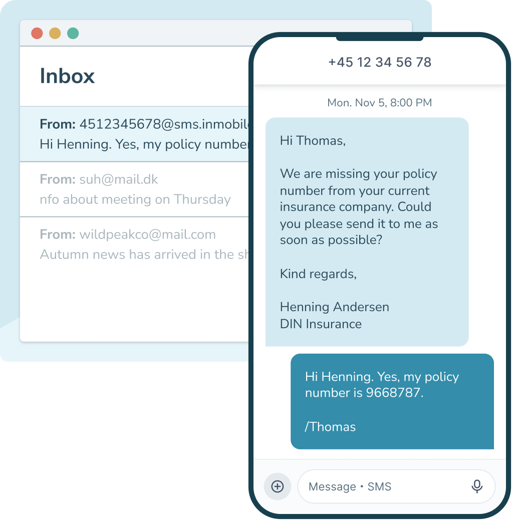 E-postgränssnitt som visar en inkorg med en SMS-konversation överlagrad på en mobiltelefon, med ett meddelandeutbyte om ett försäkringsnummer mellan en kund och ett försäkringsbolag