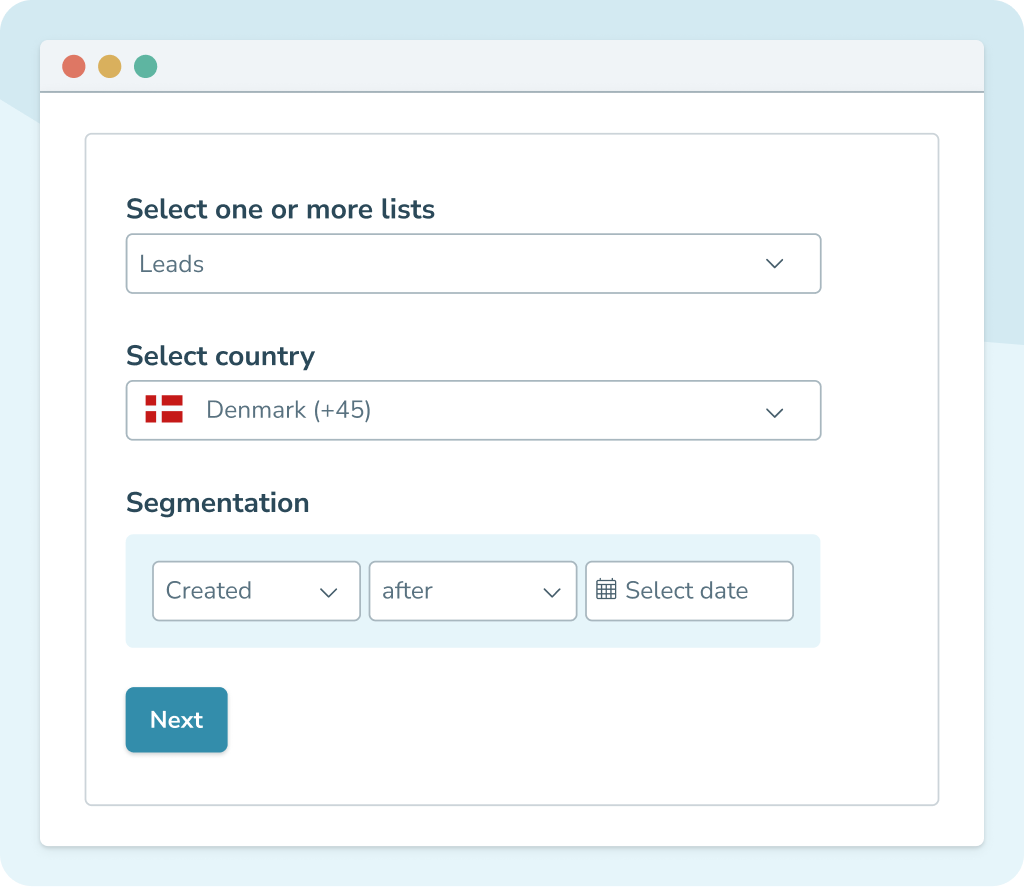 Segmentation interface showing options to select one or more lists, choose a country, apply filters based on creation date.