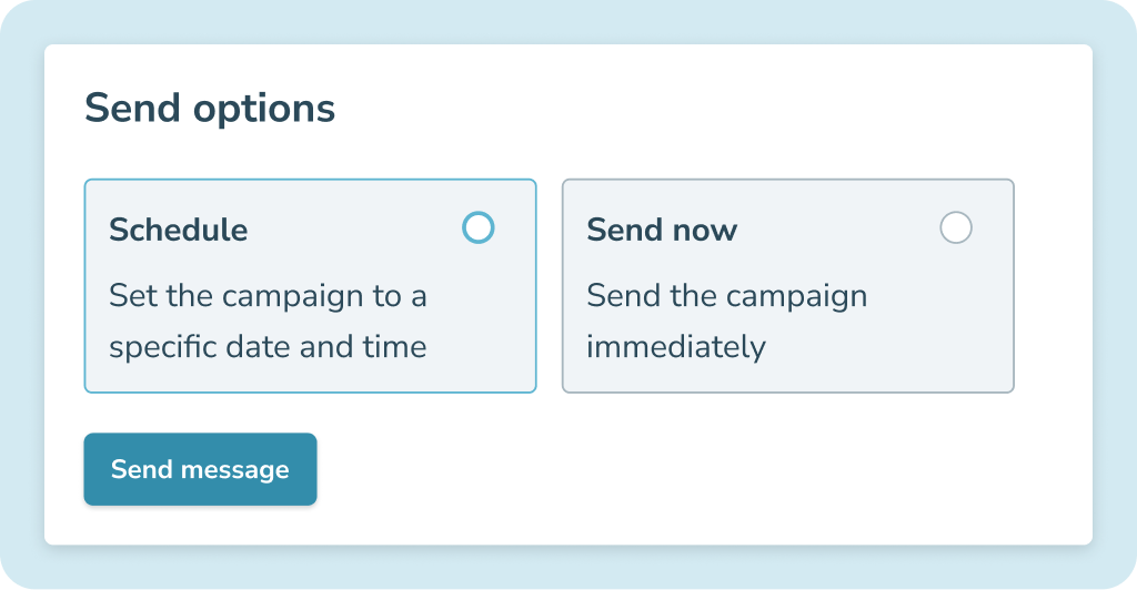 Interface showing send options with choices to schedule a campaign for a specific date and time or send it immediately.