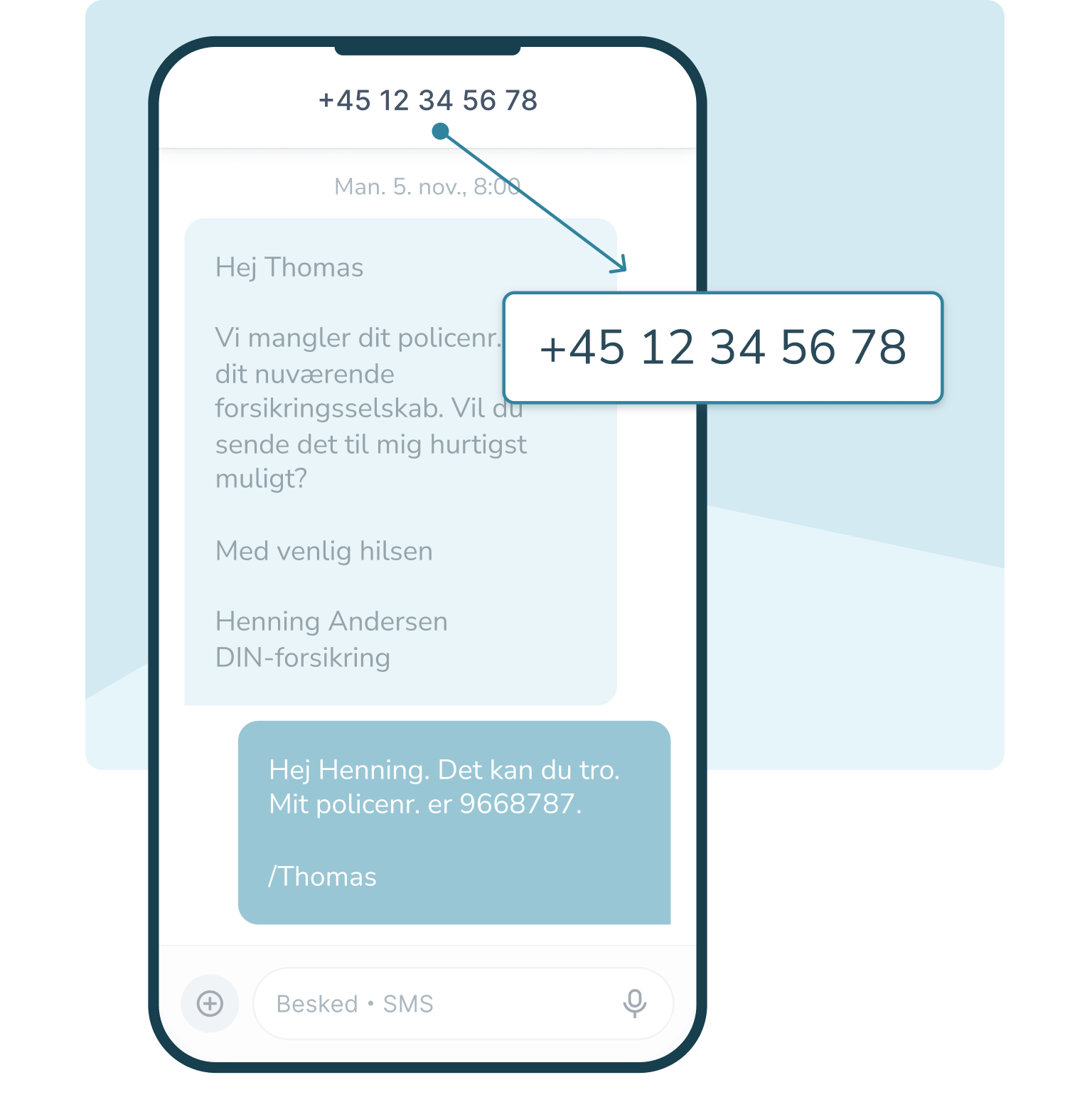 Virtuelt telefonnummer markeret i en SMS-samtale
