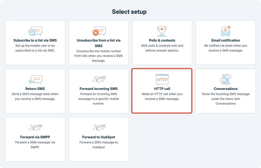 Valg af SMS-workflow med HTTP-kald markeret