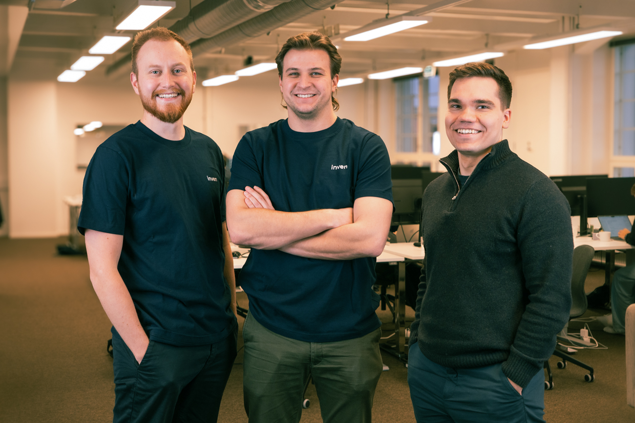 From left to right, Inven co-founders Niilo Pirttijärvi, Ekku Jokinen, and Tommi Kupiainen, standing together at Inven's office.
