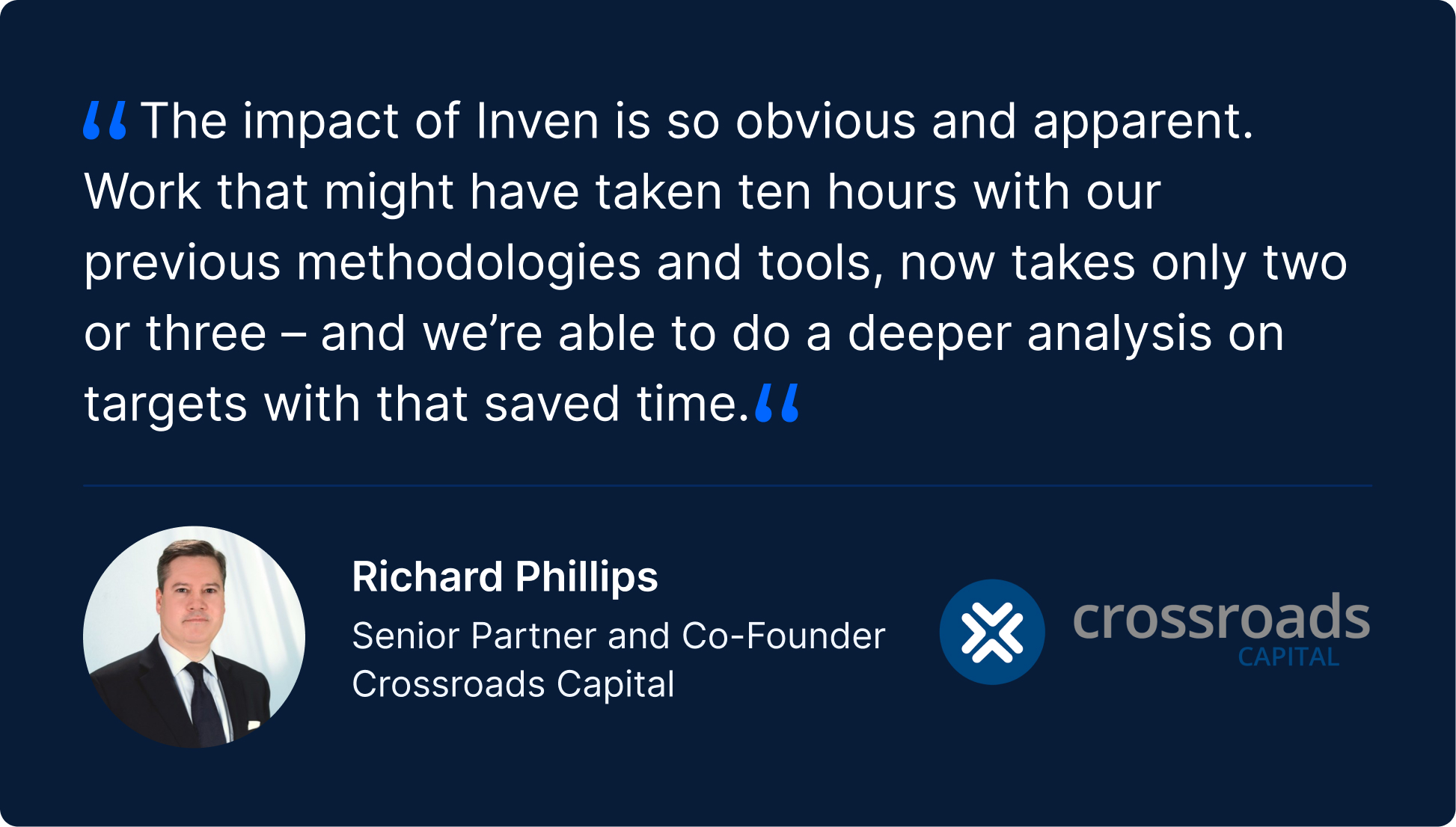 Testimonial quote: “The impact of Inven is so obvious and apparent. Work that might have taken ten hours with our previous methodologies and tools, now takes only two or three – and we’re able to do a deeper analysis on targets with that saved time.” — Richard Phillips, Senior Partner & Co-Founder, Crossroads Capital. Includes Crossroads Capital logo.