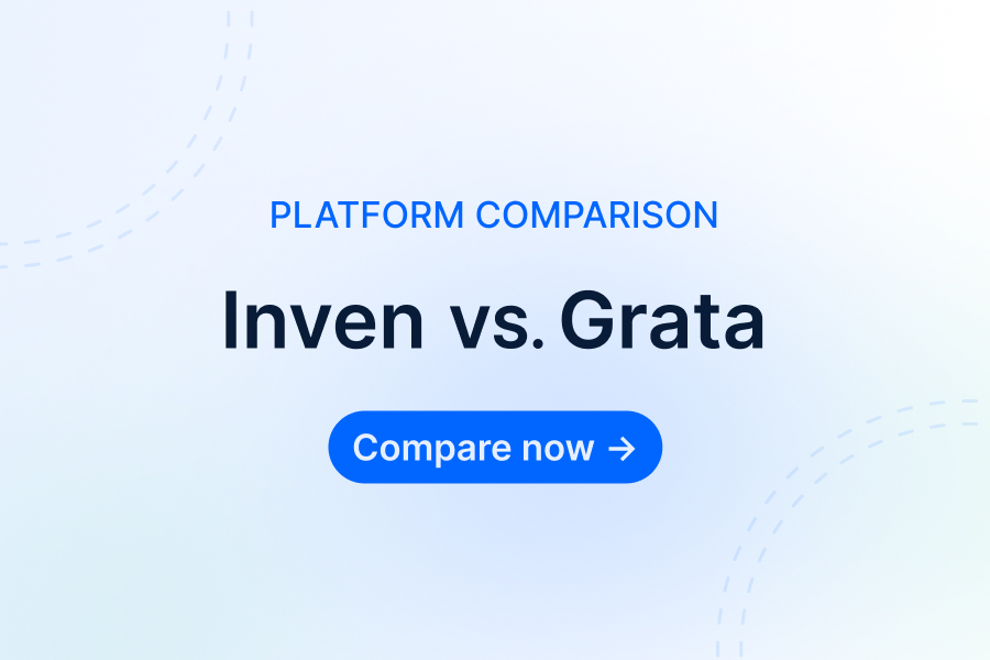Platform comparison graphic showing ‘Inven vs. Grata’ with a blue ‘Compare now’ button on a light gradient background.