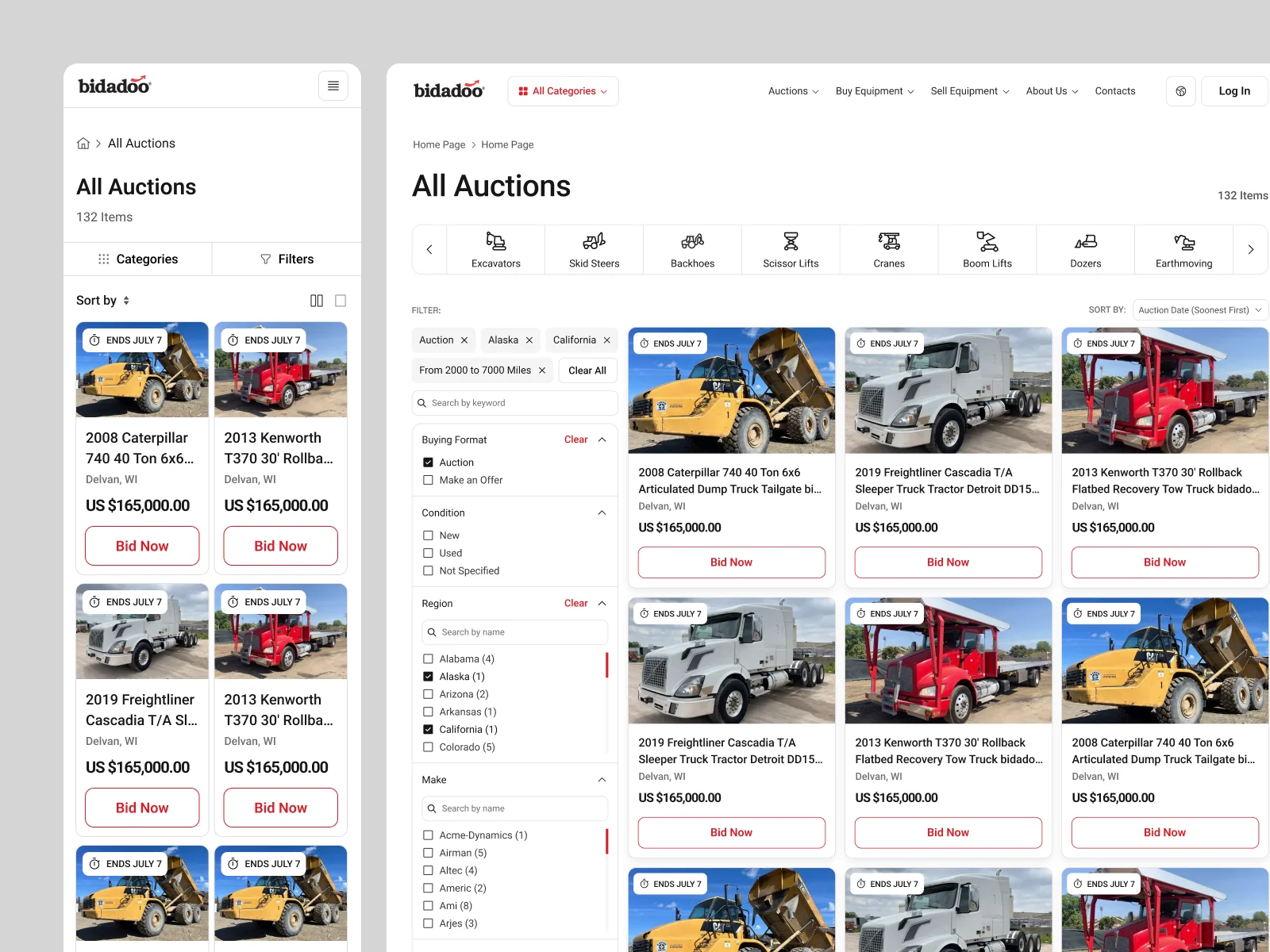 Bidadoo catalog and results, desktop to mobile