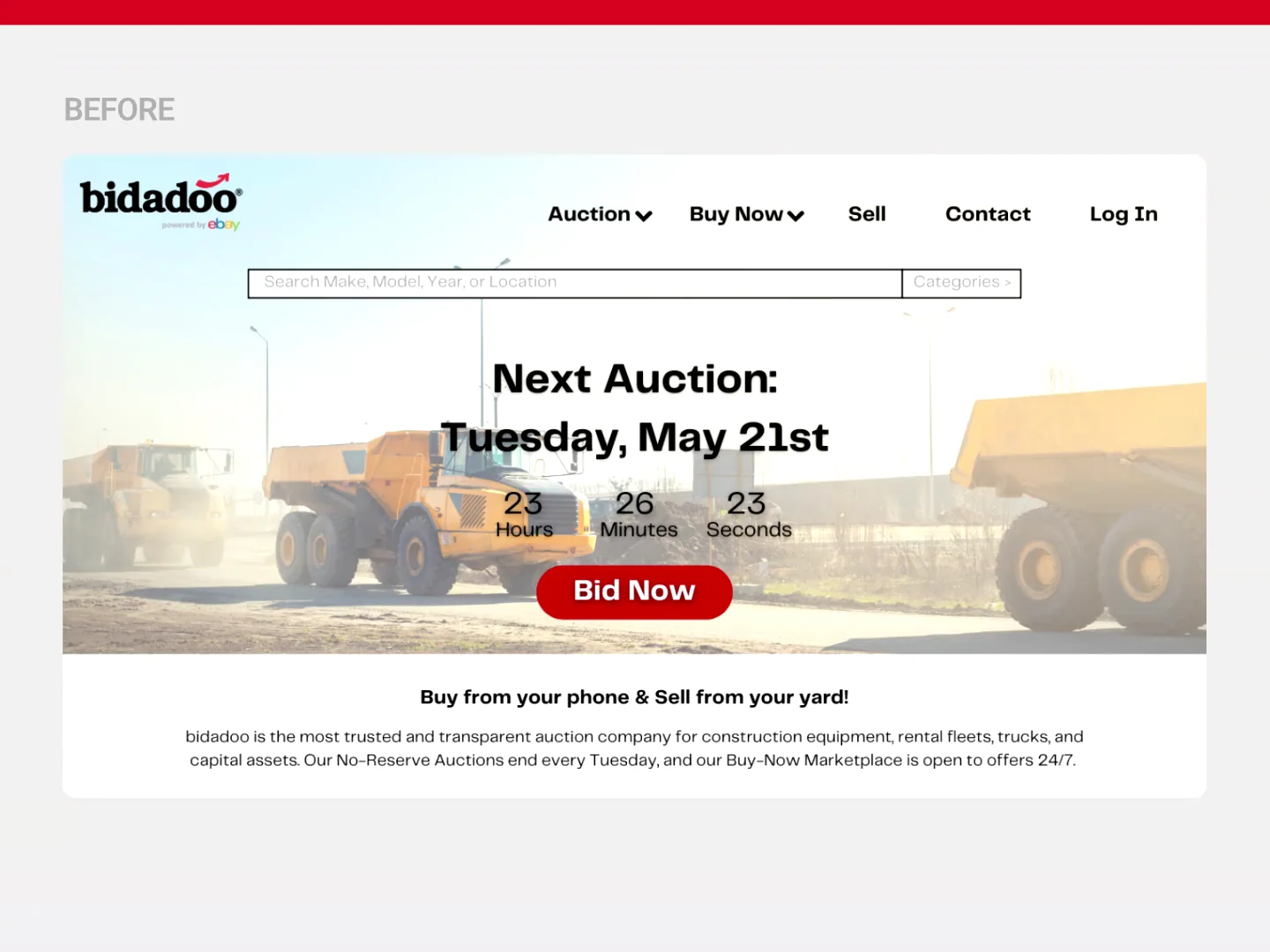 Bidadoo heavy-equipment marketplace homepage before the redesign