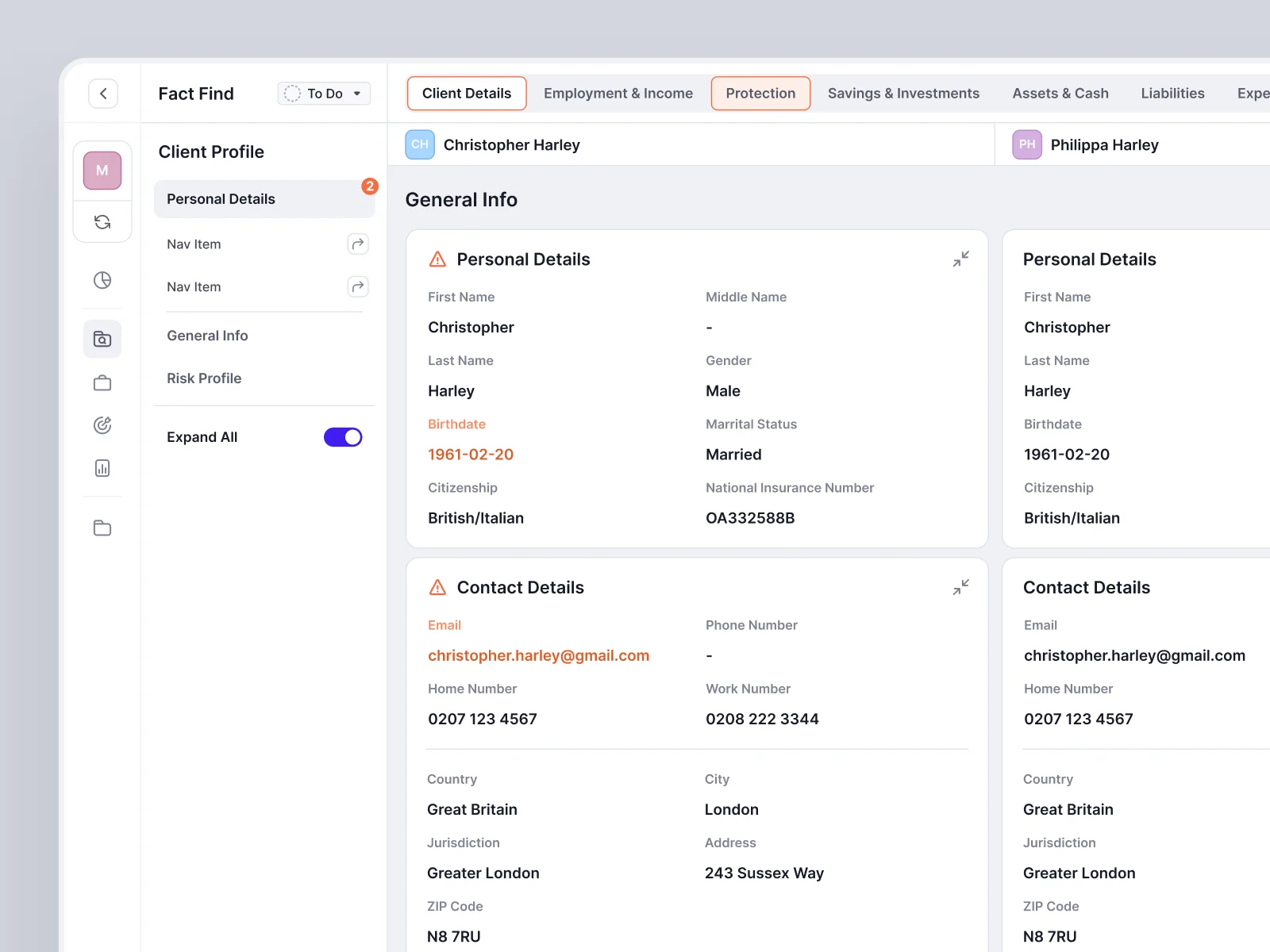 Superplan Fact Find — household members side by side