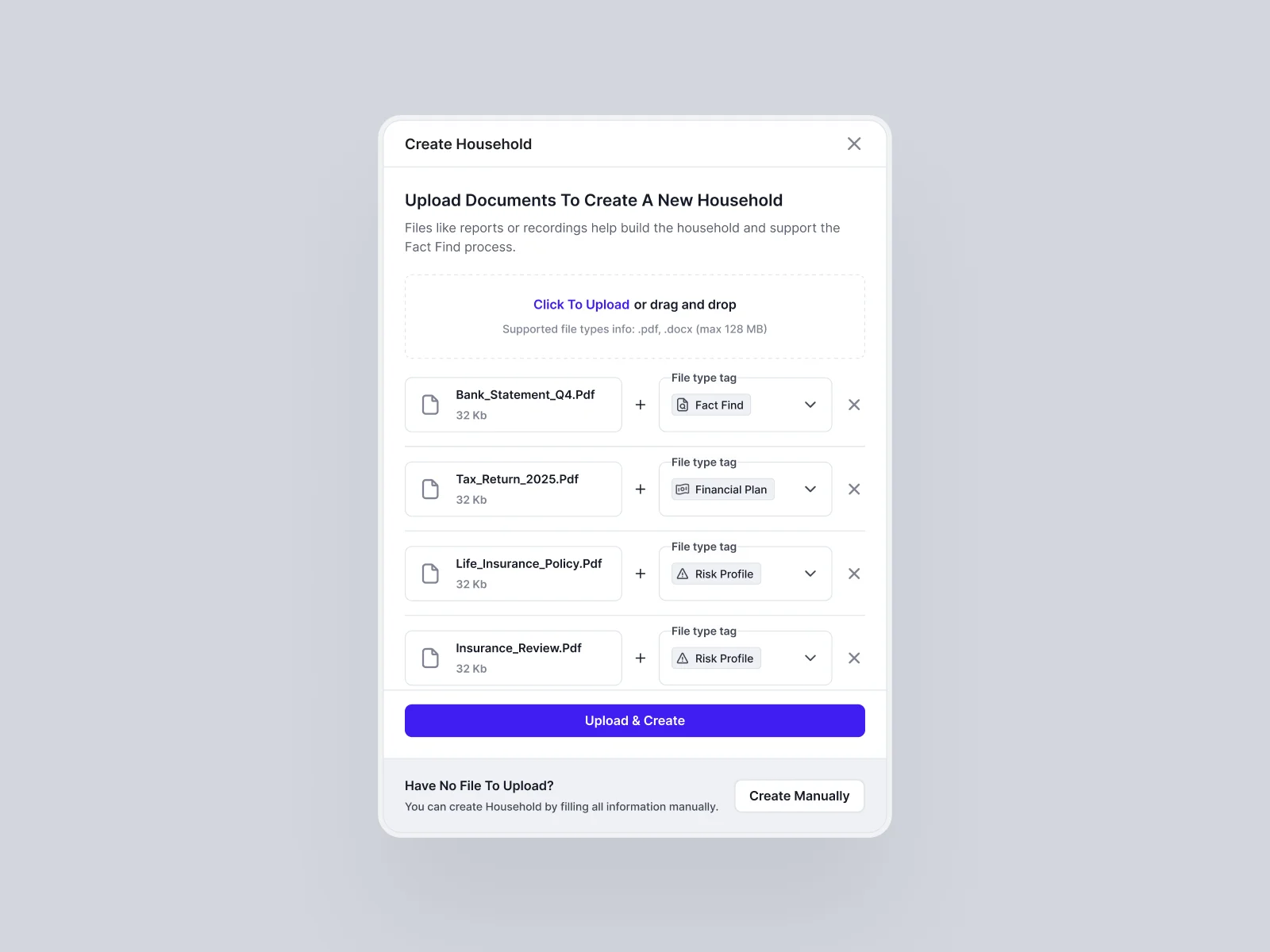 Superplan create-household onboarding with document upload