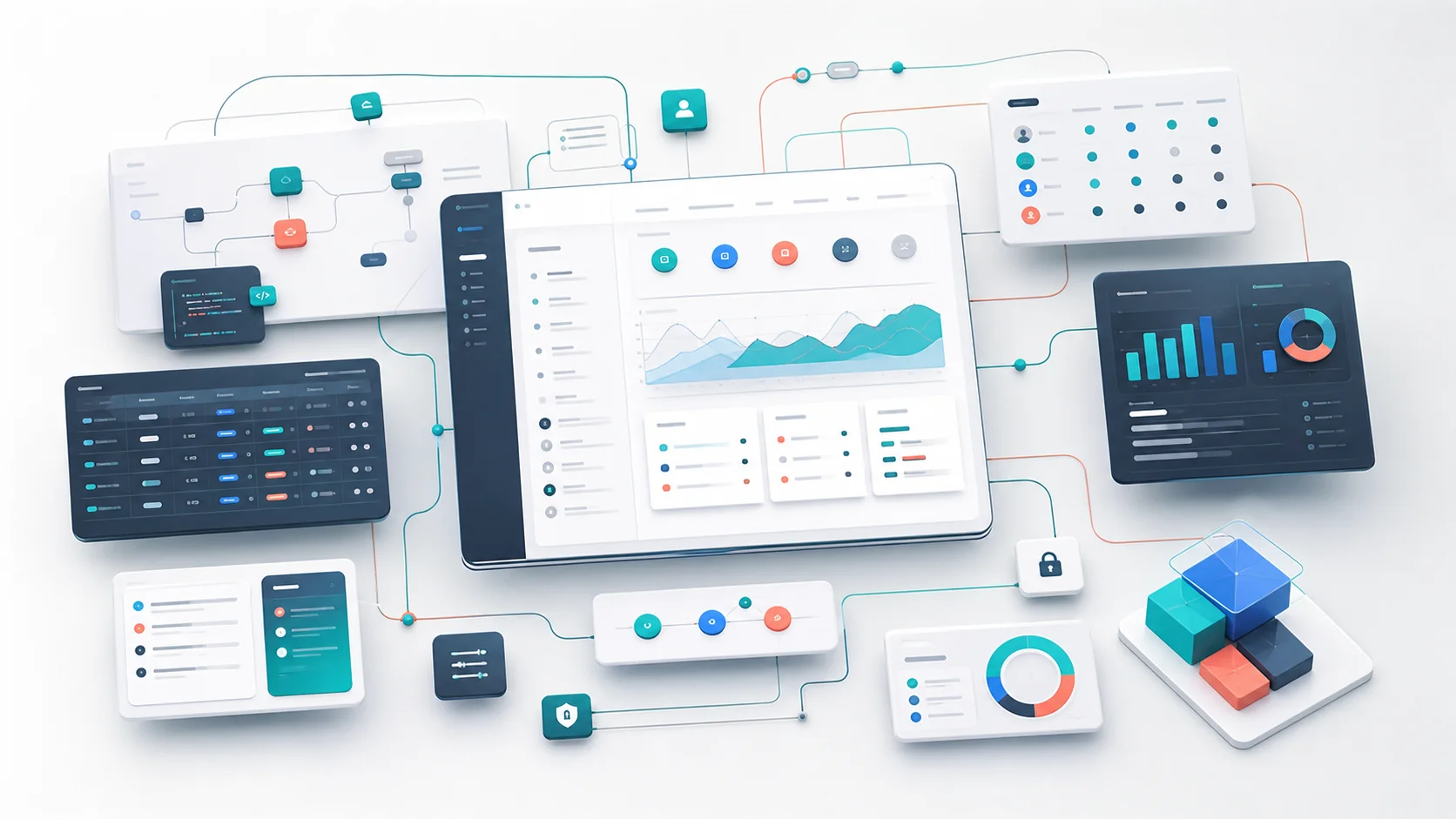 Layered interface system representing ERP workflows, dashboards and operational product design.