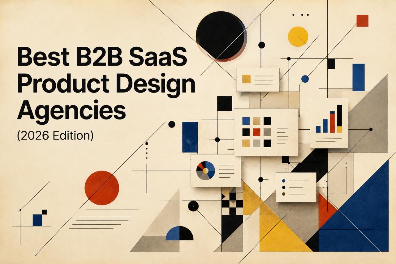 Bauhaus and Kandinsky–style abstract composition of modular blocks, grids and dashboard cards in primary colors on cream, evoking structured B2B SaaS product systems.