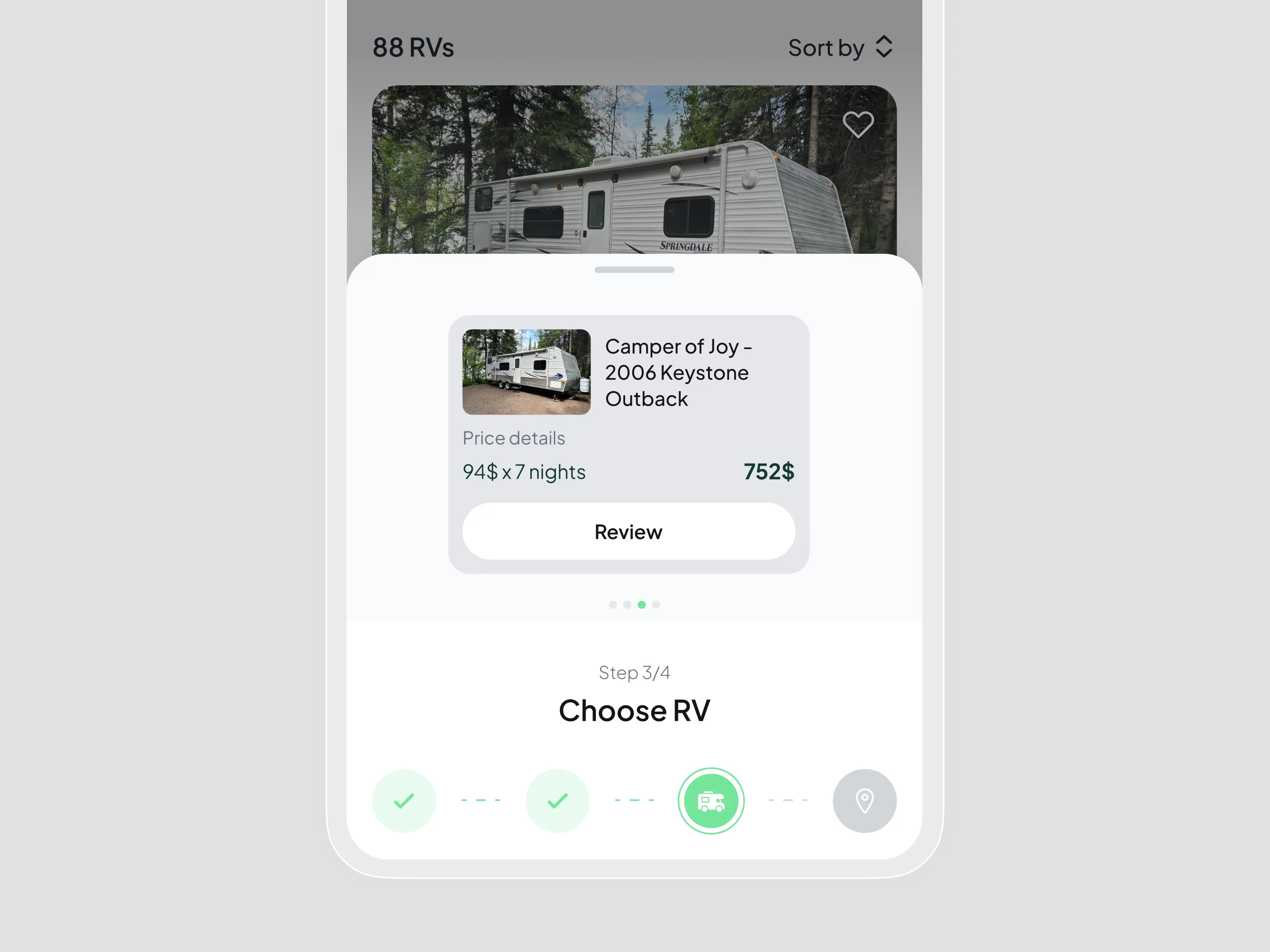 Mobile booking flow — choose your RV