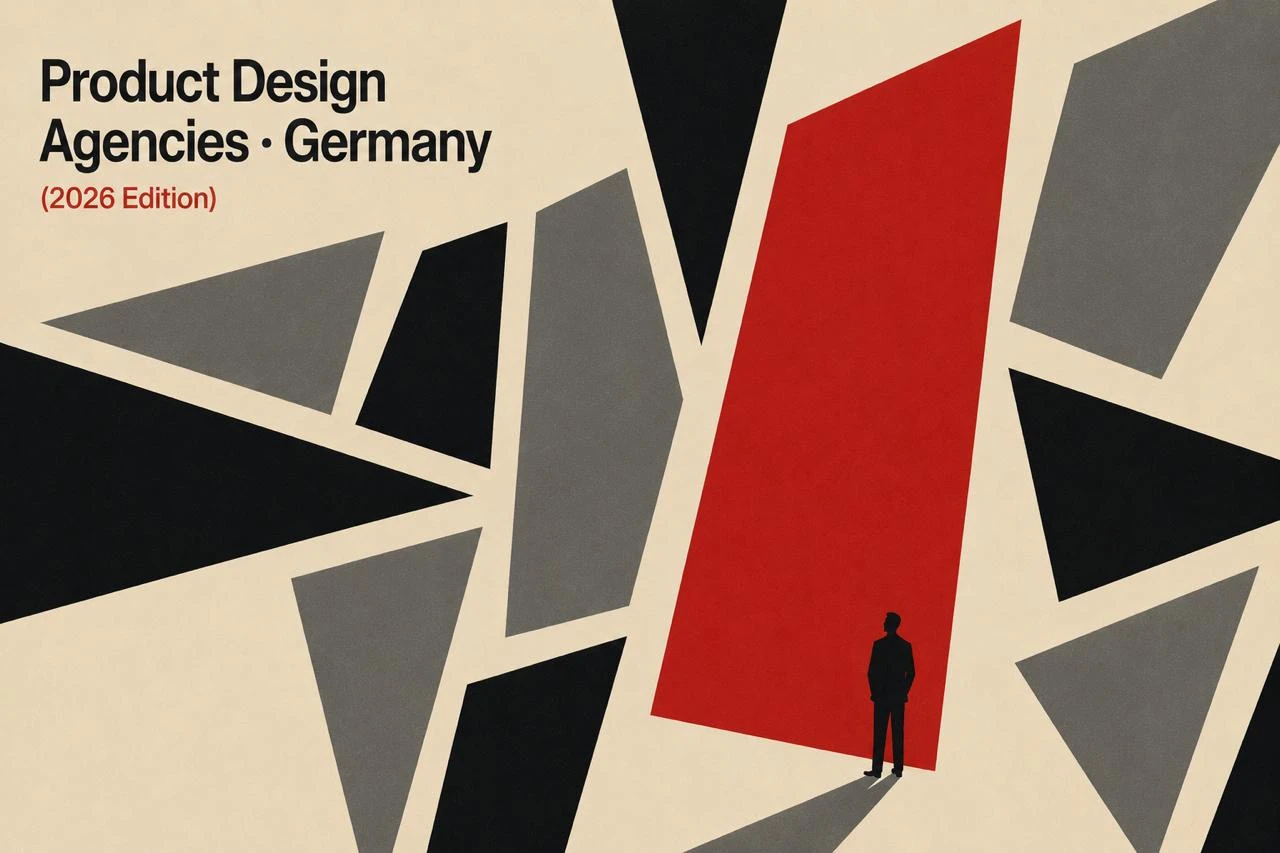 Saul Bass style cover for Best Product Design Agencies in Germany (2026): a lone figure before a bold red monolith