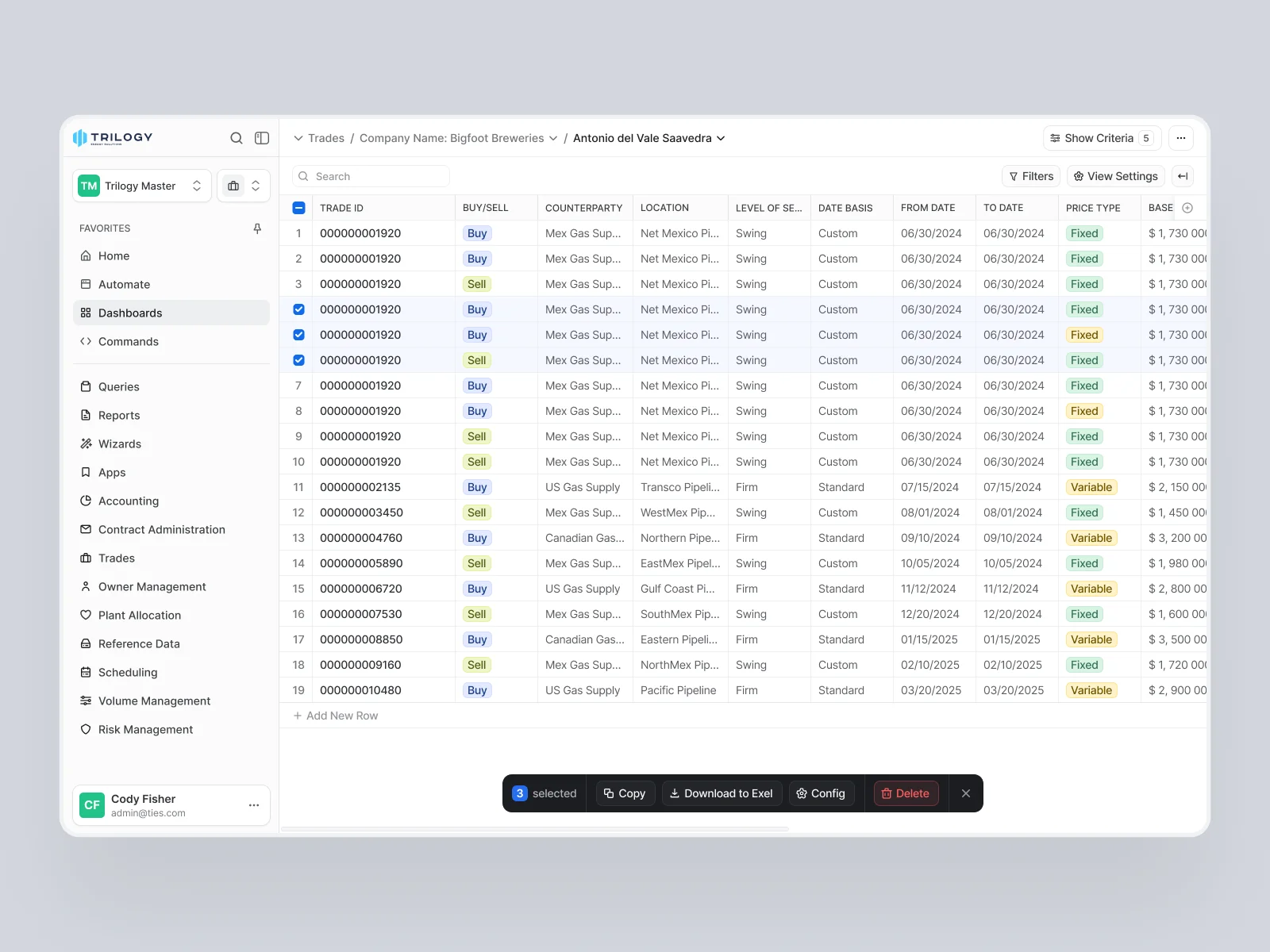 Dense tables with multi-select, export and shortcuts.